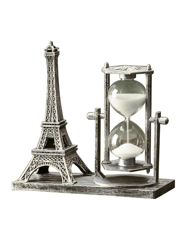 Silver Eiffel Tower with Hourglass Timer on Wooden Base – Studio Product Shot